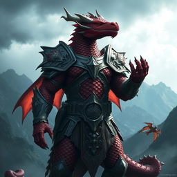 A powerful Dragonborn warrior with wine red scales standing in a heroic pose