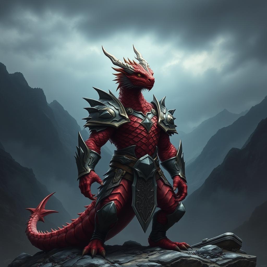 A powerful Dragonborn warrior with wine red scales standing in a heroic pose