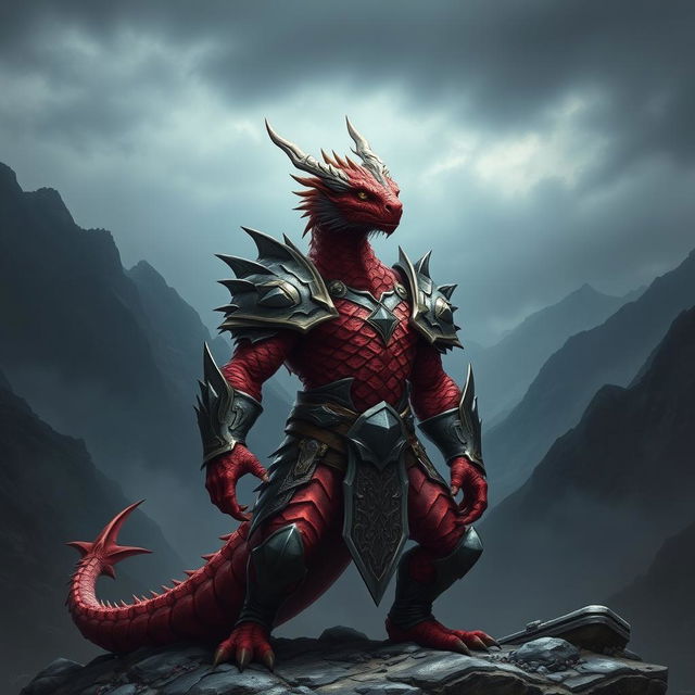 A powerful Dragonborn warrior with wine red scales standing in a heroic pose