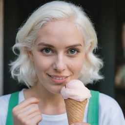 Photo of a 30-year-old girl of average build, with white hair, holding an ice cream. She is characterized by long square proportional facial features, cheek dimples, bow lips, large black eyebrows, smooth medium green eyes, and swarthy skin