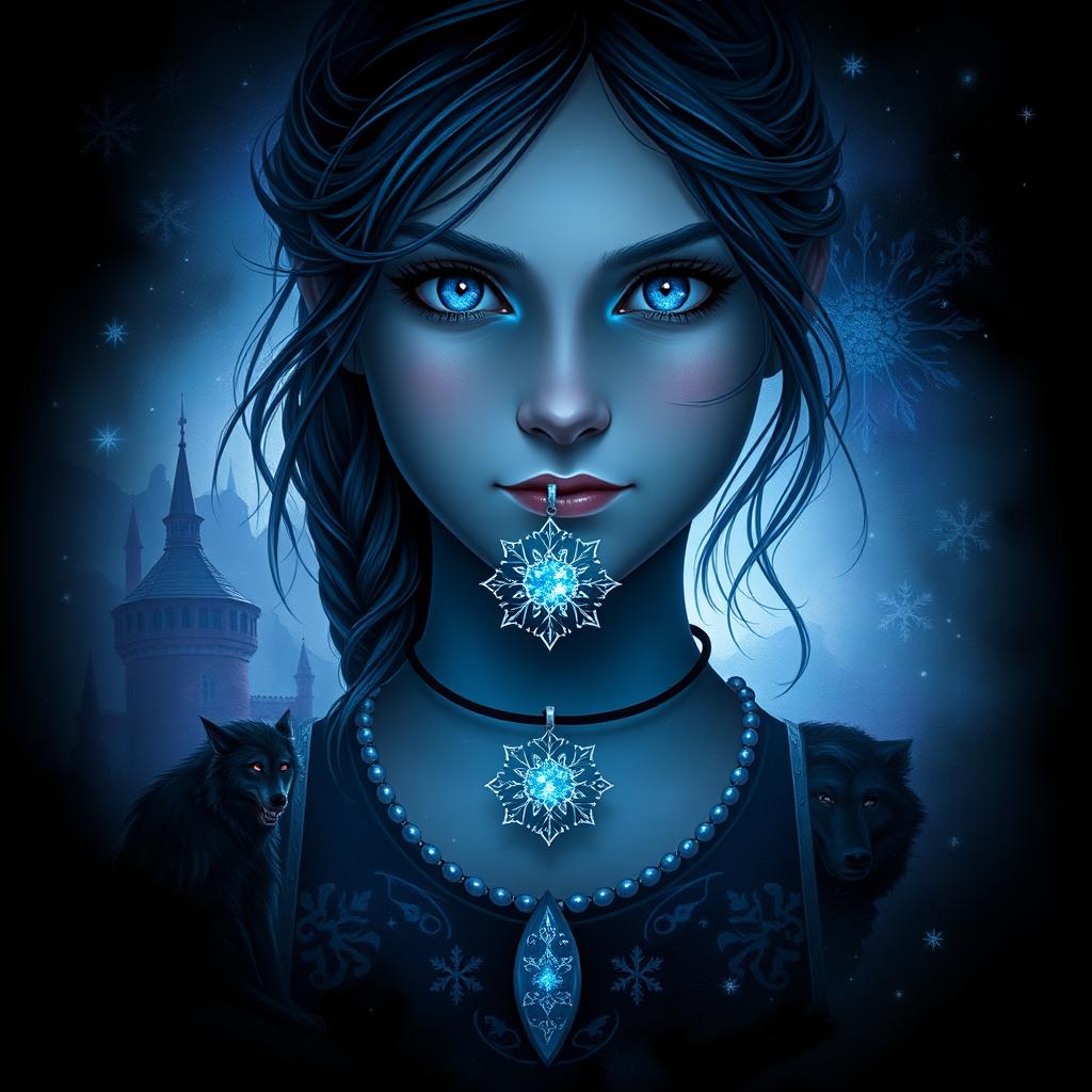 Create a digital art piece for an epic fantasy book cover featuring a 13-year-old girl with blue eyes and a necklace that has an opal snowflake pendant