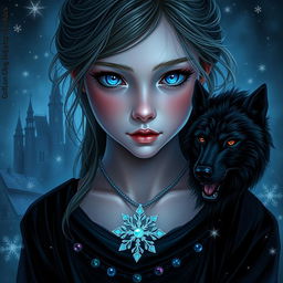 Create a digital art piece for an epic fantasy book cover featuring a 13-year-old girl with blue eyes and a necklace that has an opal snowflake pendant