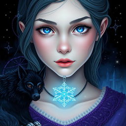 Create a digital art piece for an epic fantasy book cover featuring a 13-year-old girl with blue eyes and a necklace that has an opal snowflake pendant