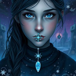 Create a digital art piece for an epic fantasy book cover featuring a 13-year-old girl with blue eyes and a necklace that has an opal snowflake pendant