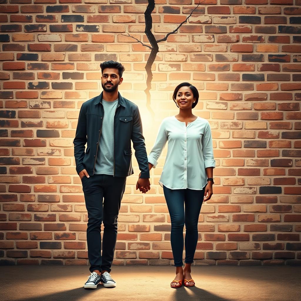 A couple standing hand in hand with a brick wall in the background, representing societal barriers