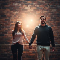 A couple standing hand in hand with a brick wall in the background, representing societal barriers