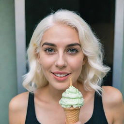 Photo of a 30-year-old girl of average build, with white hair, holding an ice cream. She is characterized by long square proportional facial features, cheek dimples, bow lips, large black eyebrows, smooth medium green eyes, and swarthy skin