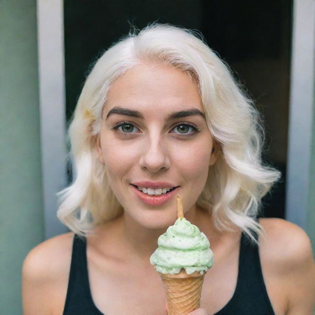 Photo of a 30-year-old girl of average build, with white hair, holding an ice cream. She is characterized by long square proportional facial features, cheek dimples, bow lips, large black eyebrows, smooth medium green eyes, and swarthy skin