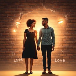 A couple standing hand in hand with a brick wall in the background, representing societal barriers