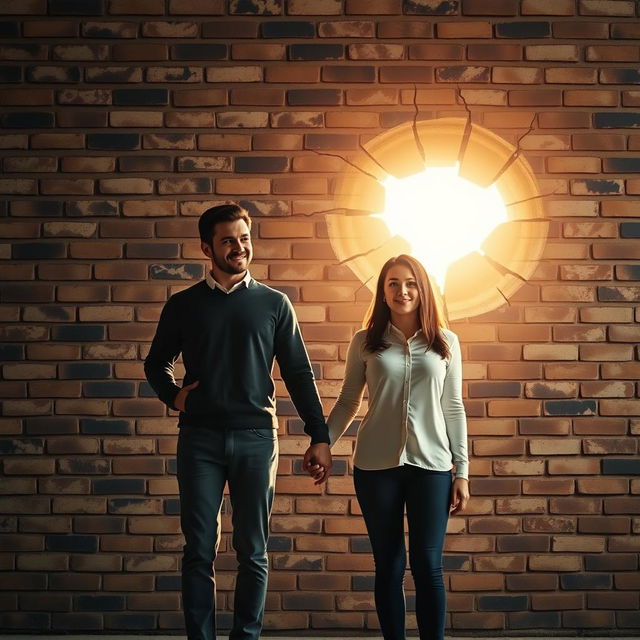 A couple standing hand in hand with a brick wall in the background, representing societal barriers