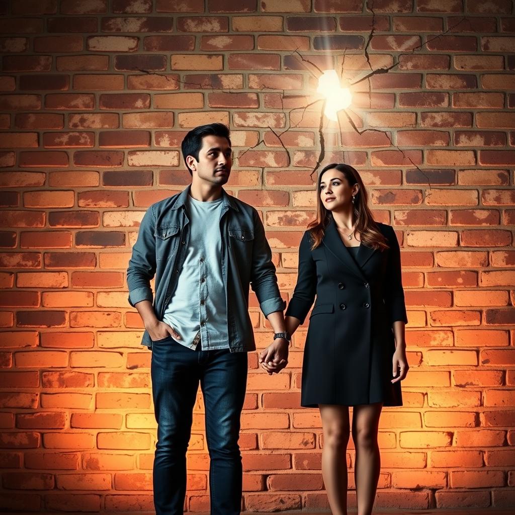 A couple standing hand in hand with a brick wall in the background, representing societal barriers