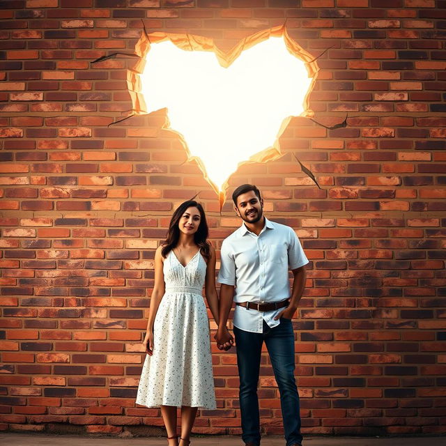 A couple standing hand in hand with a brick wall in the background, representing societal barriers