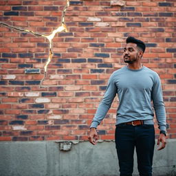 A couple standing hand in hand with a brick wall in the background, representing societal barriers