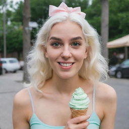 Photo of a 30-year-old girl of average build, with white hair, holding an ice cream. She is characterized by long square proportional facial features, cheek dimples, bow lips, large black eyebrows, smooth medium green eyes, and swarthy skin