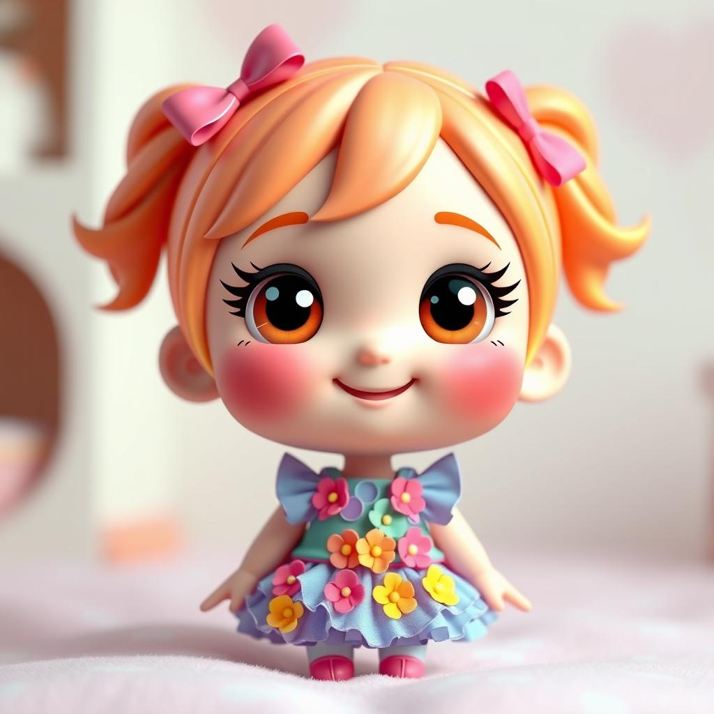 A 3D chibi-style doll depicting a little girl with big eyes and a cute smile