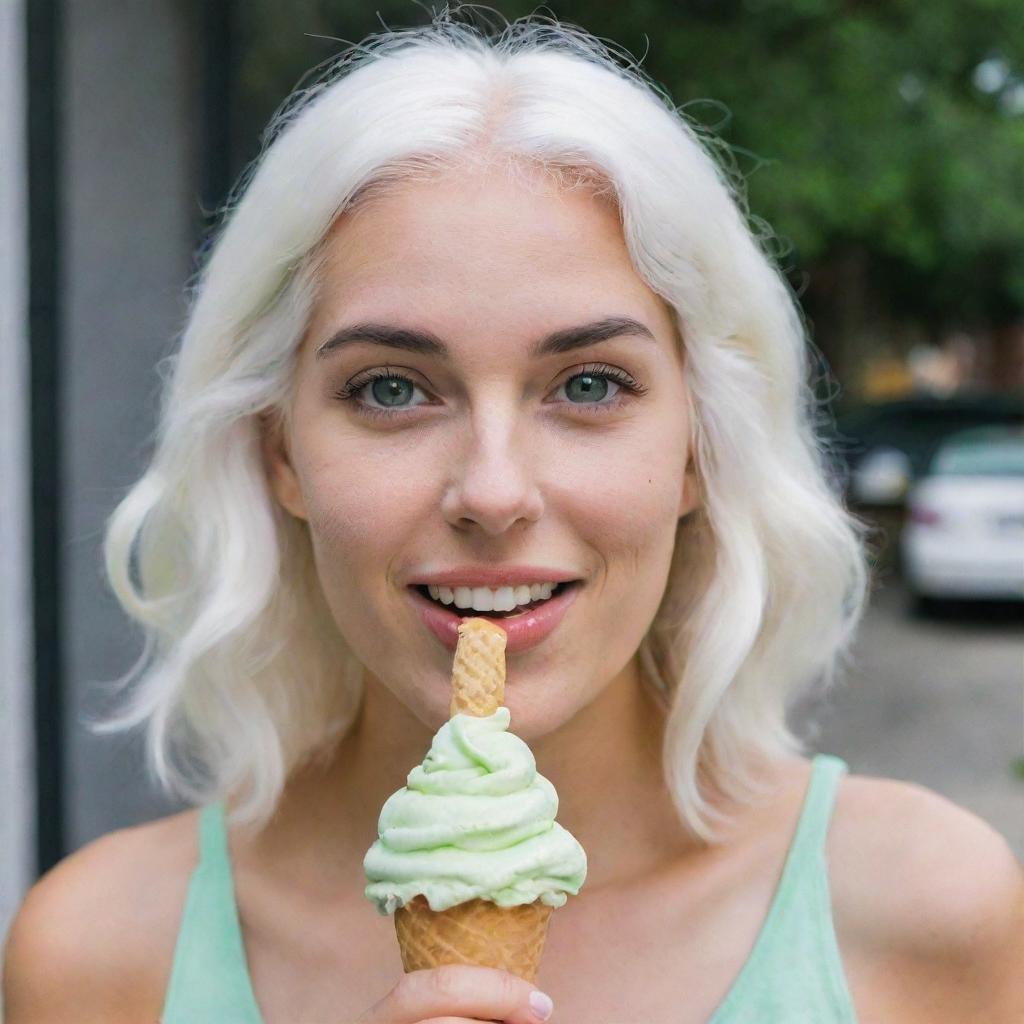 Photo of a 30-year-old, average build girl with white hair enjoying an ice cream. Her facial features include long square proportions, cheek dimples, bow lips, large black eyebrows, smooth medium green eyes, and swarthy skin