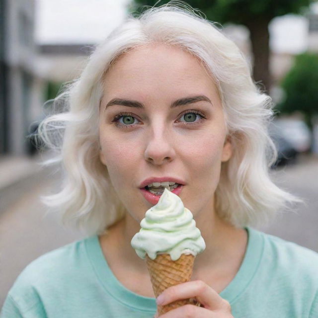 Photo of a 30-year-old, average build girl with white hair enjoying an ice cream. Her facial features include long square proportions, cheek dimples, bow lips, large black eyebrows, smooth medium green eyes, and swarthy skin