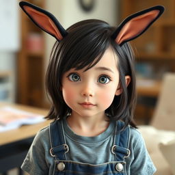 A 12-year-old boy with slightly long black hair, gray eyes, and droopy black rabbit ears