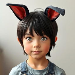 A 12-year-old boy with slightly long black hair, gray eyes, and droopy black rabbit ears