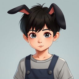 A 12-year-old boy with slightly long black hair, gray eyes, and droopy black rabbit ears