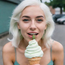 Photo of a 30-year-old, average build girl with white hair enjoying an ice cream. Her facial features include long square proportions, cheek dimples, bow lips, large black eyebrows, smooth medium green eyes, and swarthy skin