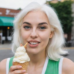 Photo of a 30-year-old, average build girl with white hair enjoying an ice cream. Her facial features include long square proportions, cheek dimples, bow lips, large black eyebrows, smooth medium green eyes, and swarthy skin