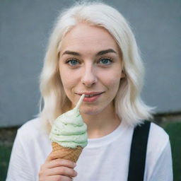 Photograph of a 30-year-old, average-build girl with white hair, holding an ice cream. Her long square proportional facial features include dimples in the cheeks, bow lips, large black eyebrows, smooth medium green eyes, and swarthy skin