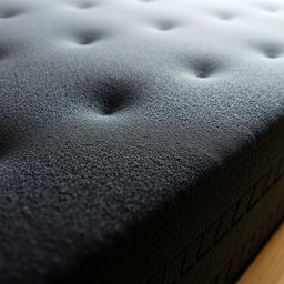 A high-resolution close-up image of the texture of black foam mattress material