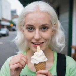 Photograph of a 30-year-old, average-build girl with white hair, holding an ice cream. Her long square proportional facial features include dimples in the cheeks, bow lips, large black eyebrows, smooth medium green eyes, and swarthy skin