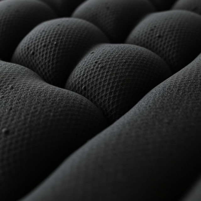 A high-resolution close-up image of the texture of black foam material used for a mattress