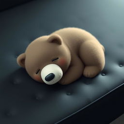 A cute, realistic image of a sleeping bear on a black foam mattress