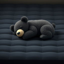 A cute, realistic image of a sleeping bear on a black foam mattress