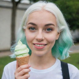 Photograph of a 30-year-old, average-build girl with white hair, holding an ice cream. Her long square proportional facial features include dimples in the cheeks, bow lips, large black eyebrows, smooth medium green eyes, and swarthy skin