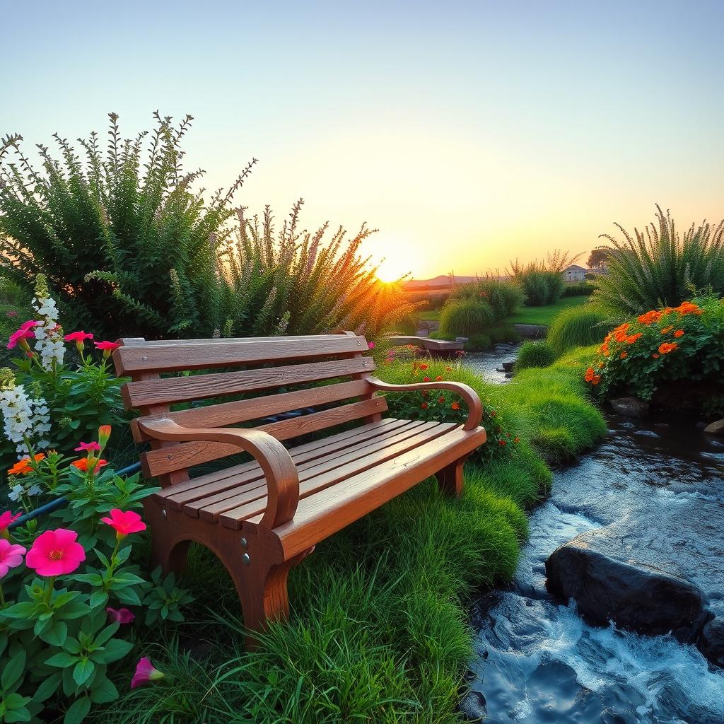 A wooden bench situated in a dreamy, serene location