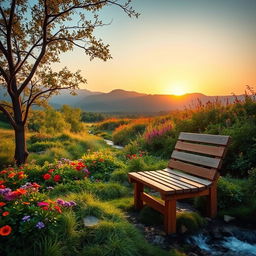 A wooden bench situated in a dreamy, serene location