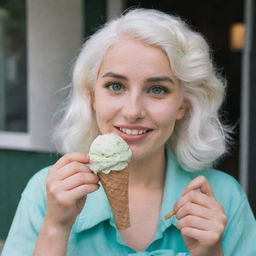 Photograph of a 30-year-old, average-build girl with white hair, holding an ice cream. Her long square proportional facial features include dimples in the cheeks, bow lips, large black eyebrows, smooth medium green eyes, and swarthy skin