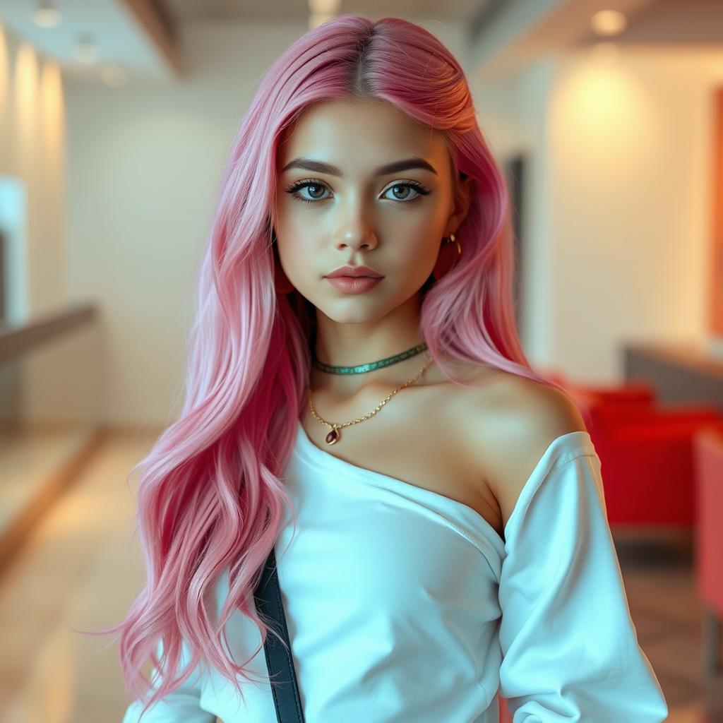 A beautiful 18-year-old girl with long pink hair, wearing stylish and trendy clothing