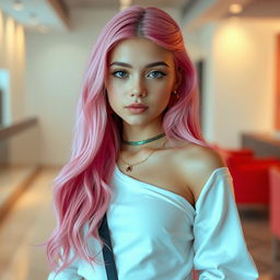 A beautiful 18-year-old girl with long pink hair, wearing stylish and trendy clothing