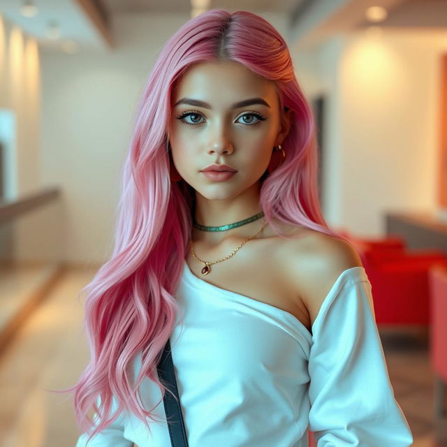 A beautiful 18-year-old girl with long pink hair, wearing stylish and trendy clothing