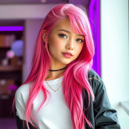 A beautiful 18-year-old girl with long pink hair, wearing stylish and trendy clothing