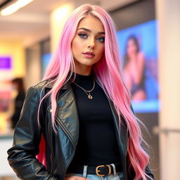 A beautiful 18-year-old girl with long pink hair, wearing stylish and trendy clothing