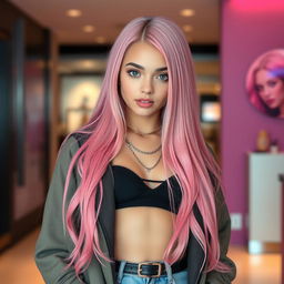 A beautiful 18-year-old girl with long pink hair, wearing stylish and trendy clothing