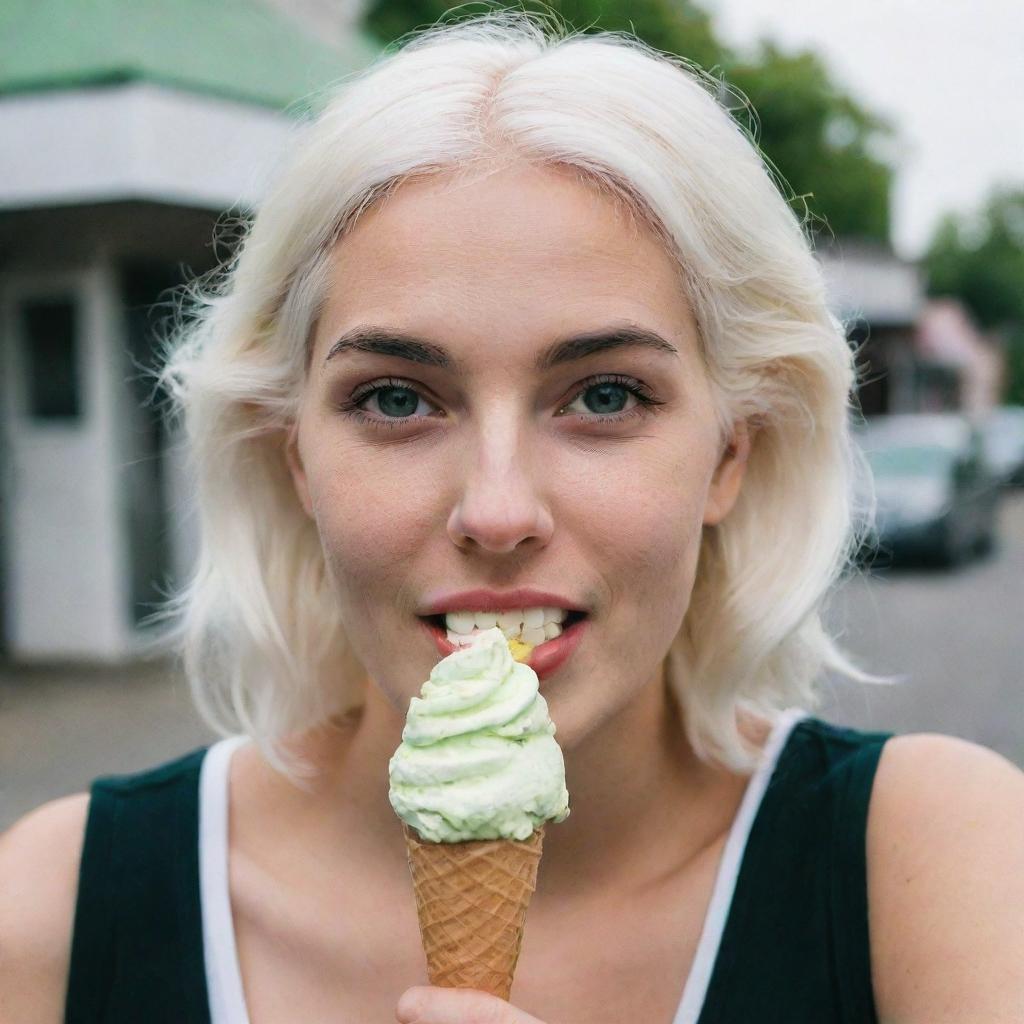 Photo of a 30-year-old girl of average build, with white hair, eating an ice cream. She has long square proportional facial features, dimples in her cheeks, bow lips, large black eyebrows, smooth medium green eyes, and swarthy skin