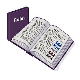 A pixel art style image of a book titled 'Rules' on a white background