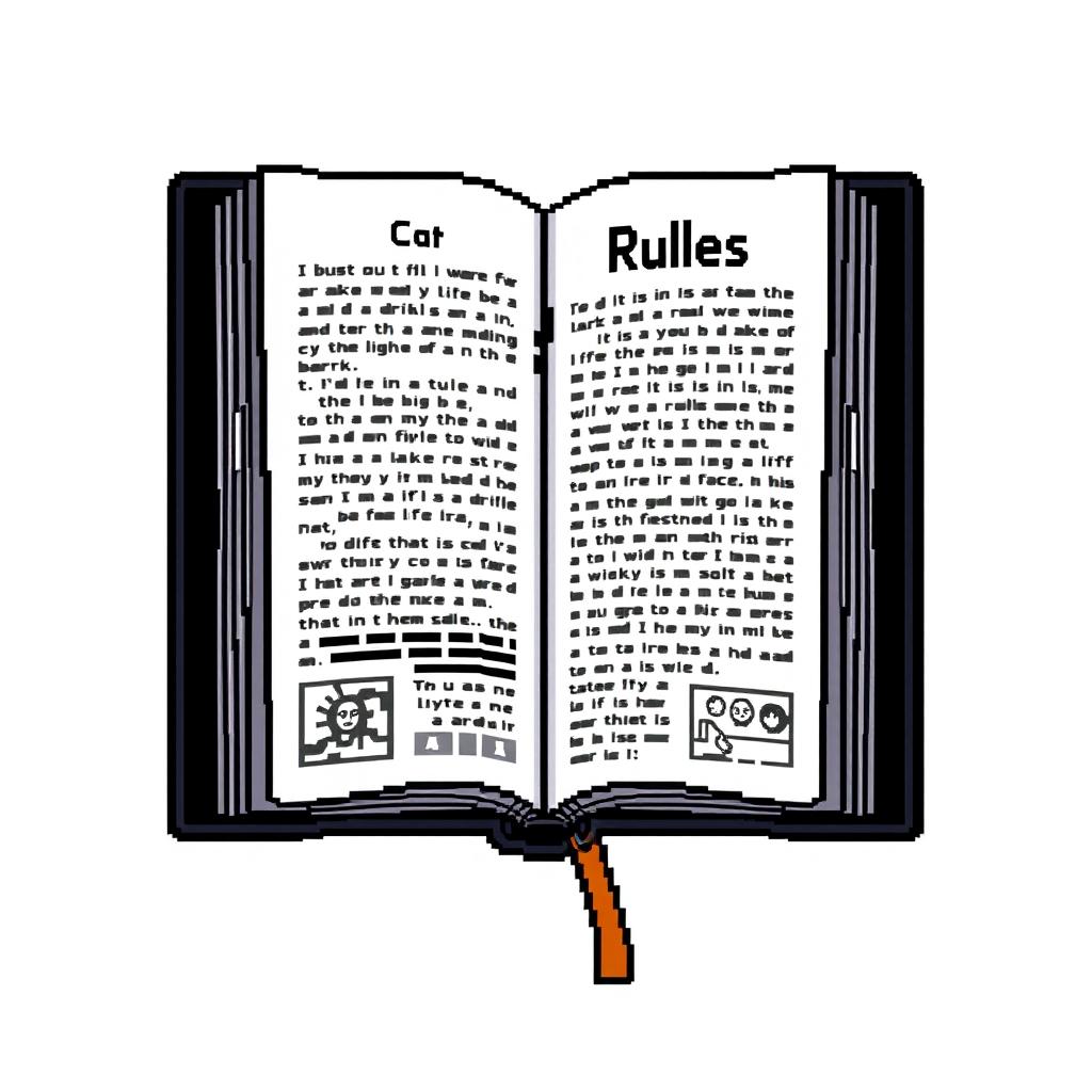 A pixel art style image of a book titled 'Rules' on a white background