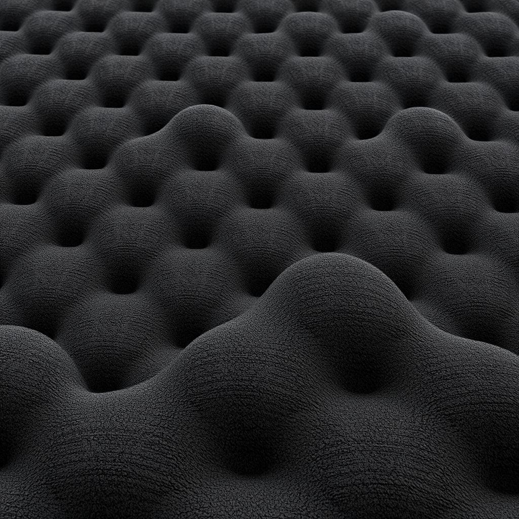 A high-resolution image of a porous black foam mattress