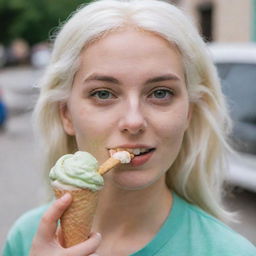 Photo of a 30-year-old girl of average build, with white hair, eating an ice cream. She has long square proportional facial features, dimples in her cheeks, bow lips, large black eyebrows, smooth medium green eyes, and swarthy skin