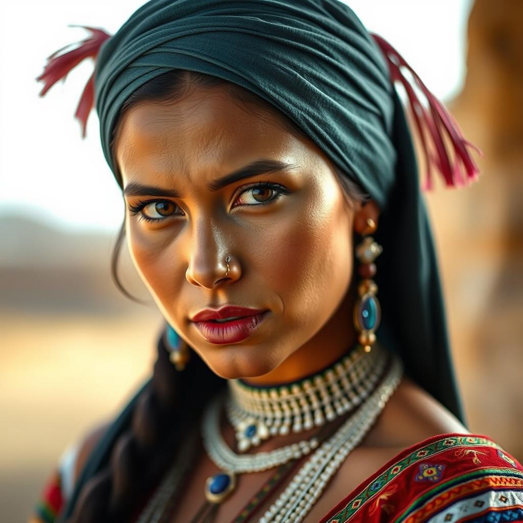 A portrait of a Bolivian woman dressed in traditional attire, with a sensual and captivating gaze