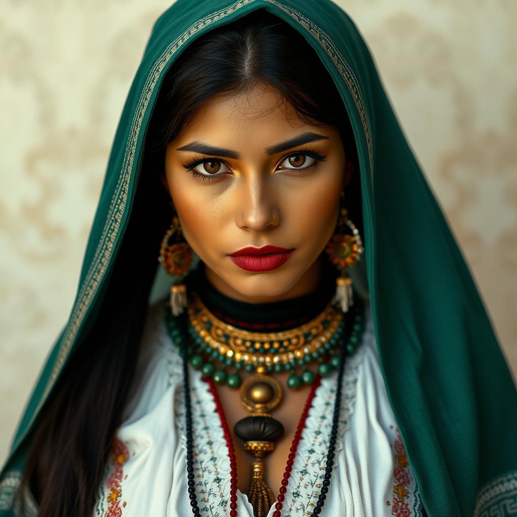 A portrait of a Bolivian woman dressed in traditional attire, with a sensual and captivating gaze