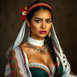 A portrait of a Bolivian woman dressed in traditional attire, with a sensual and captivating gaze